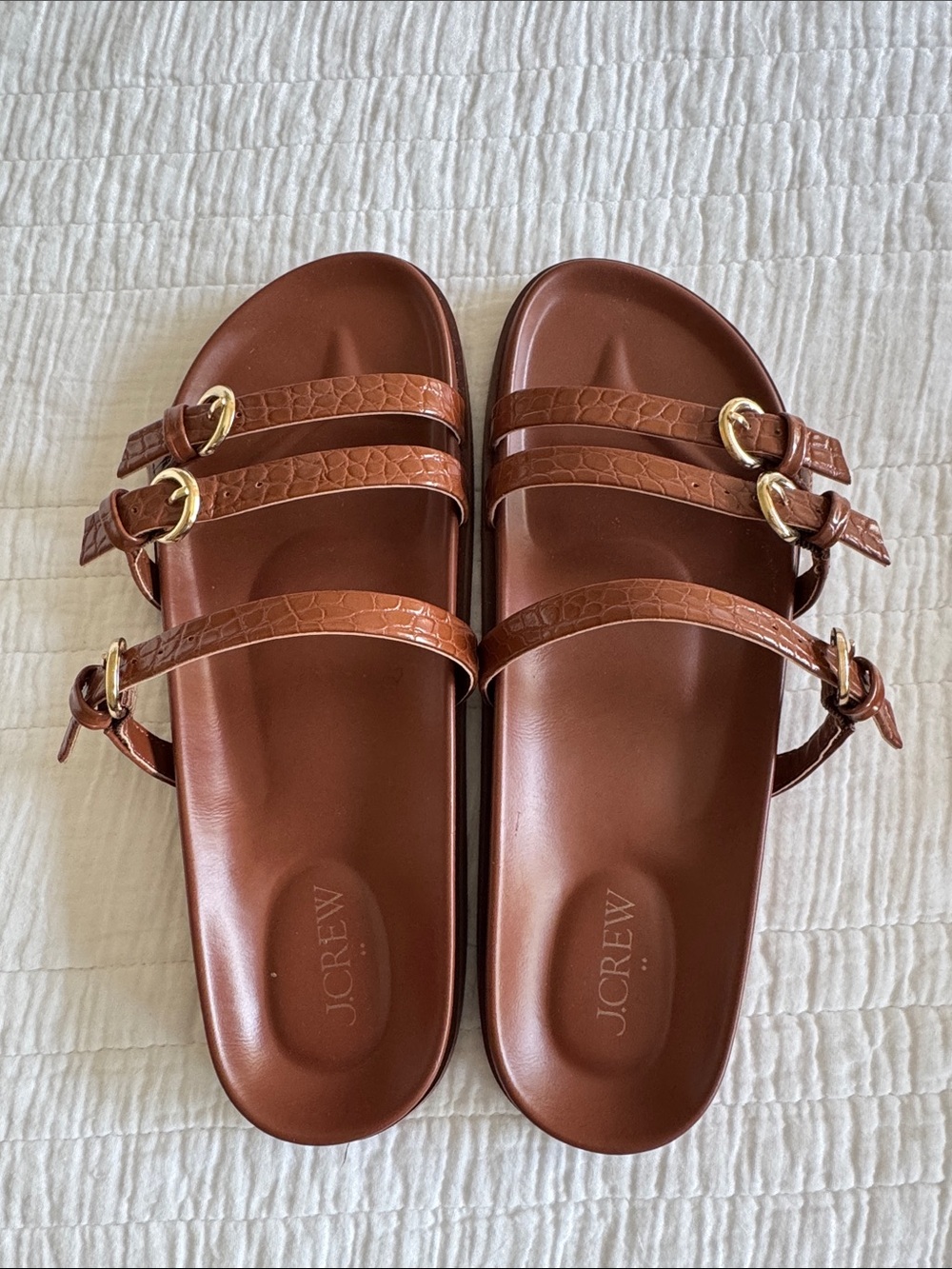 J. Crew Brown Triple-Strap Buckle Slide Sandals